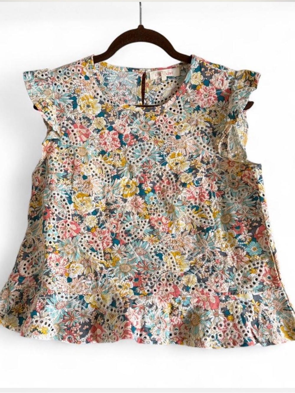 Anthropologie Solitare Tank Top Small Ruffle Floral Embroidery Sleeveless Boho